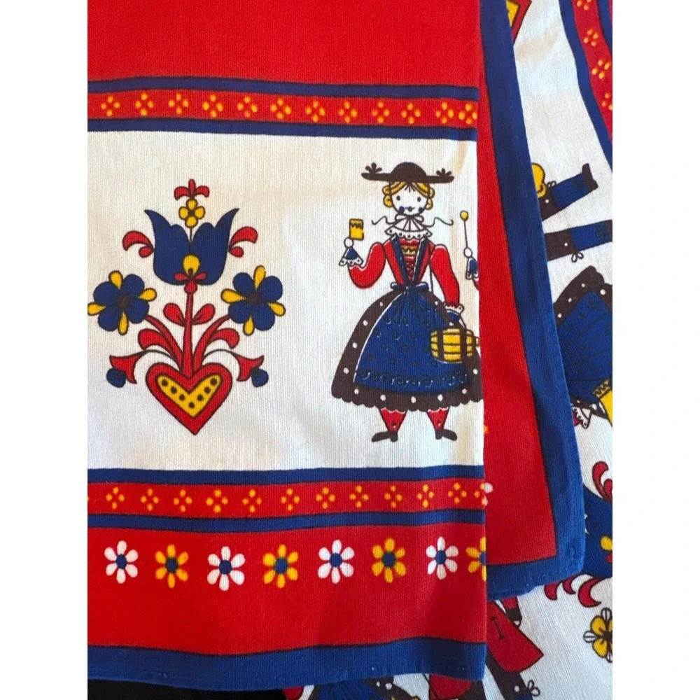 Vintage Austria Cotton Folk Art Table Runner Red &‎ Blue Floral Dancing Couple